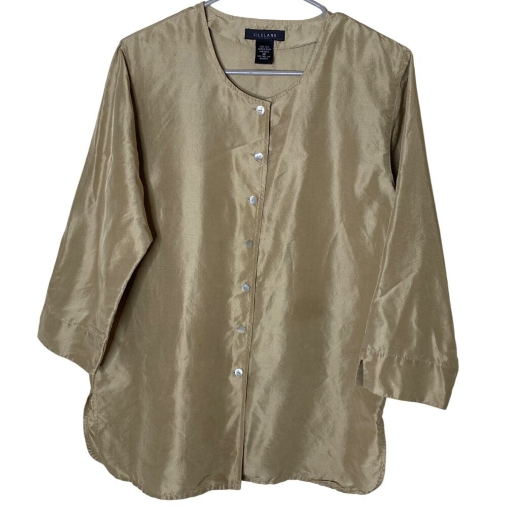 Silkland 100% Silk Champagne Gold Button Front Tunic Blouse 3/4 Sleeve Sz S